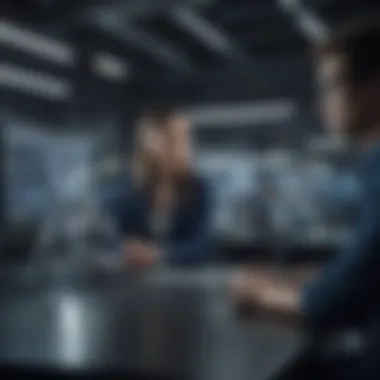 Collaboration Between Professionals and AI Tools A diverse group of professionals collaborating with AI tools in a modern workspace