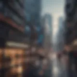 A futuristic cityscape integrating AI technologies seamlessly into daily life