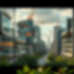 A futuristic city with green buildings and advanced renewable energy systems.