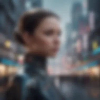 AI in the Fabric of Future Society A futuristic cityscape with AI elements integrated into everyday life.