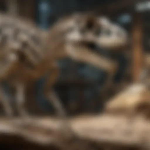 Illustration of a fossilized dinosaur skeleton in a natural history museum.