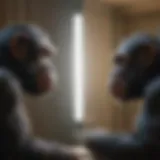 A chimpanzee engaging with its reflection in a mirror, showcasing self-recognition