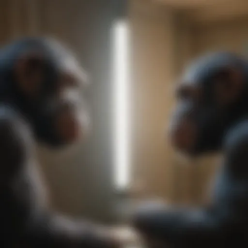 A chimpanzee engaging with its reflection in a mirror, showcasing self-recognition