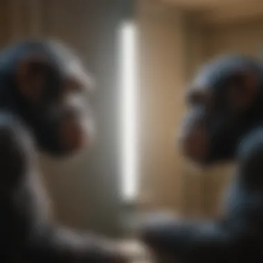 Chimpanzee Self-Recognition in the Mirror Test A chimpanzee engaging with its reflection in a mirror, showcasing self-recognition