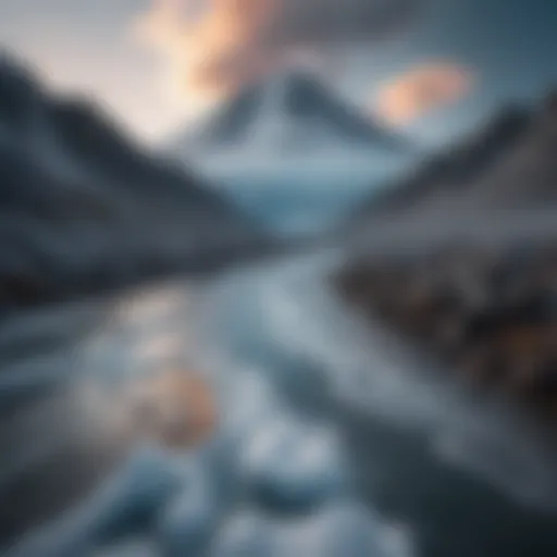 A striking contrast between a glacier and a volcano, representing the extremes of ice and heat in nature.