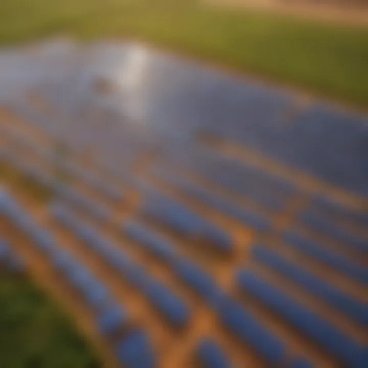 An aerial view of solar panels harnessing sunlight in an expansive field.