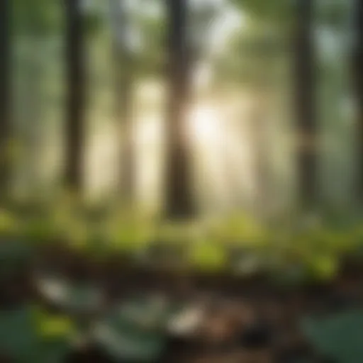 A close-up view of sunlight filtering through leaves in a forest.