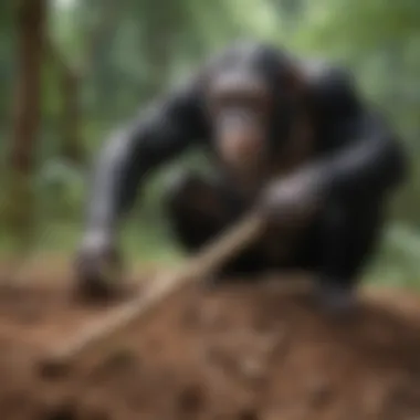 A chimpanzee skillfully using a stick as a tool to extract termites from a mound.