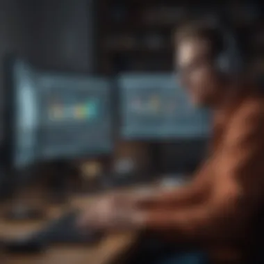 A person listening to a podcast while analyzing data on a computer
