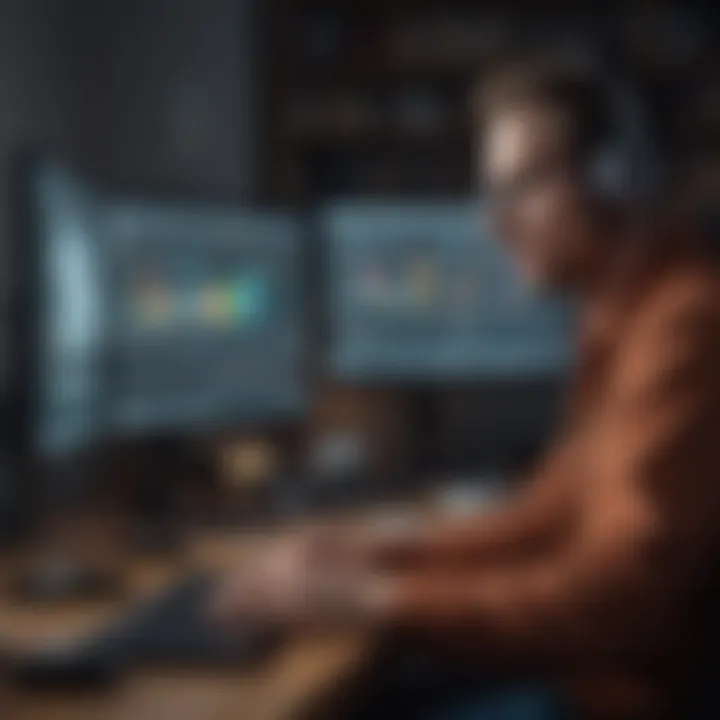 A person listening to a podcast while analyzing data on a computer