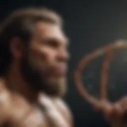 A molecular representation of Neanderthal DNA strands intertwined with modern genetic markers.