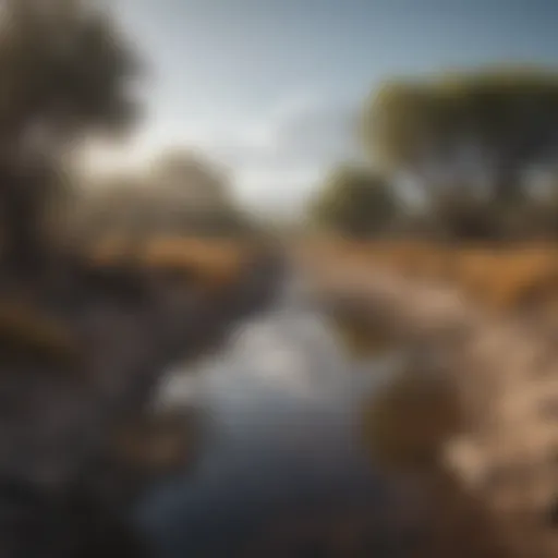 A stark contrast between a thriving ecosystem and a drought-affected landscape