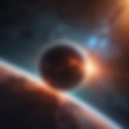 A distant exoplanet orbiting a bright star in a colorful nebula.