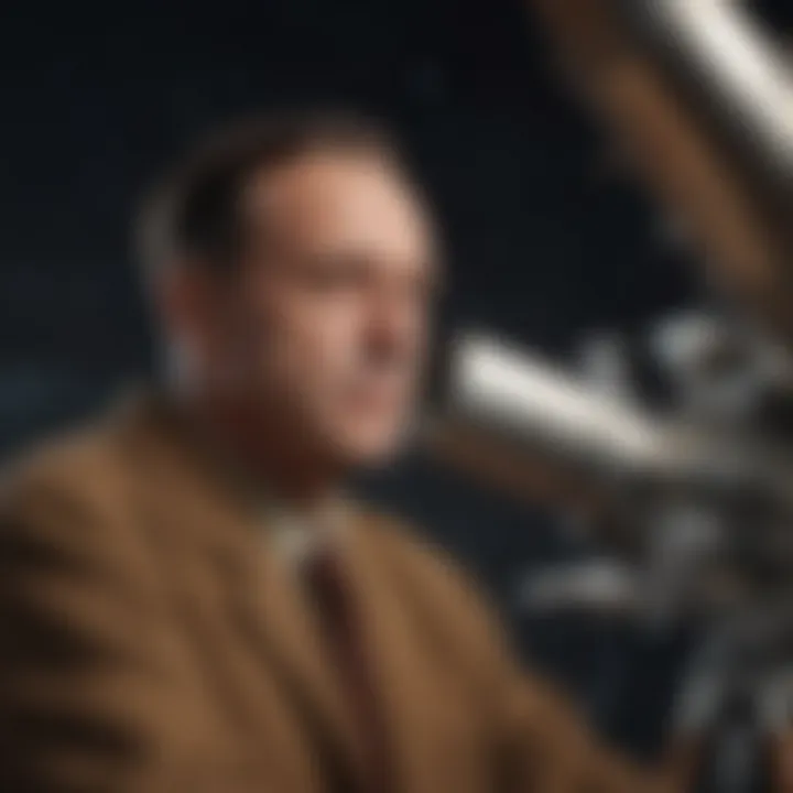 Portrait of Edwin Hubble with a telescope