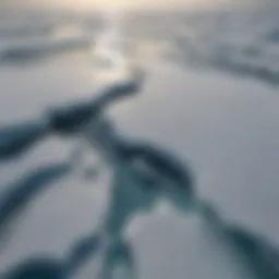 Aerial view of a vast polar ice sheet melting under the sun