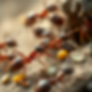 A group of ants collaborating to transport food back to their nest.