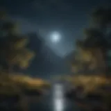 A serene landscape bathed in moonlight illuminating the night sky