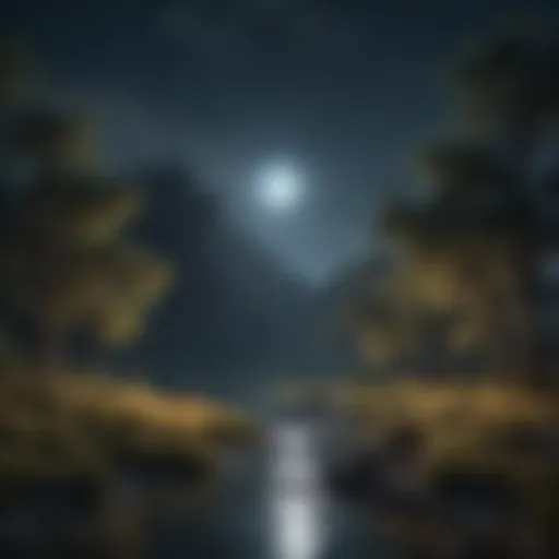 A serene landscape bathed in moonlight illuminating the night sky