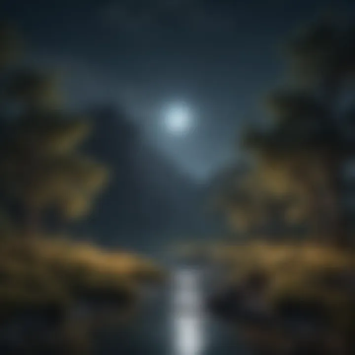 A serene landscape bathed in moonlight illuminating the night sky