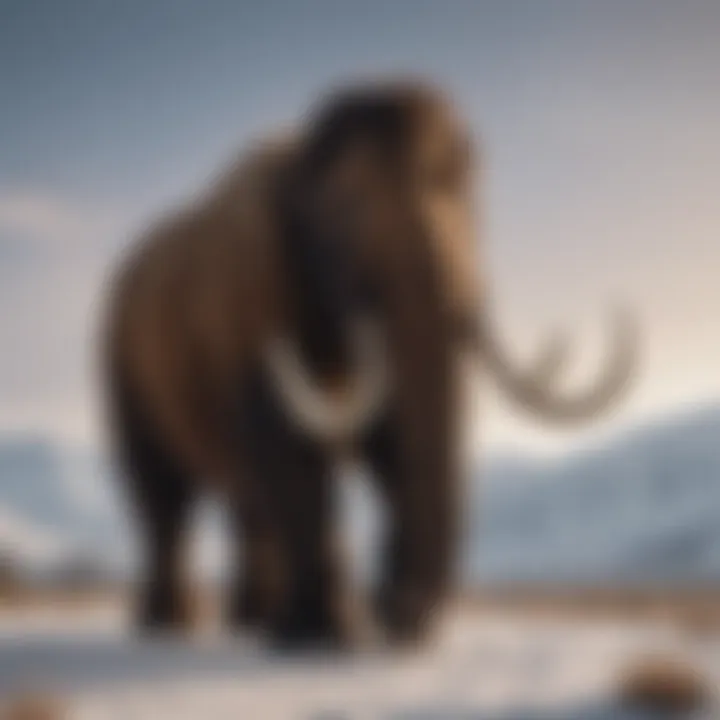 A reconstructed model of a woolly mammoth in a natural setting