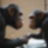 A chimpanzee examining its reflection in a mirror